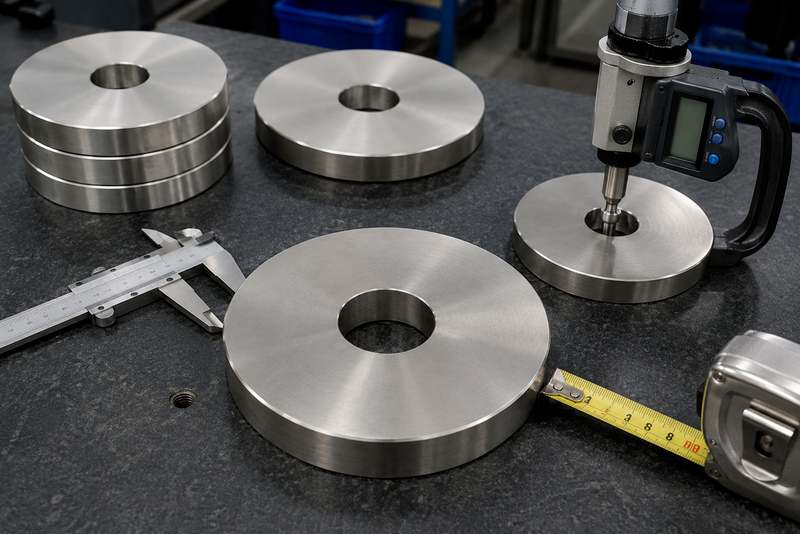 2205双相不锈钢圆形割件与游标卡尺、卷尺及厚度测量工具特写