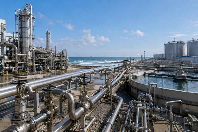 工业水处理、化工管道和滨海设施组成的连续场景