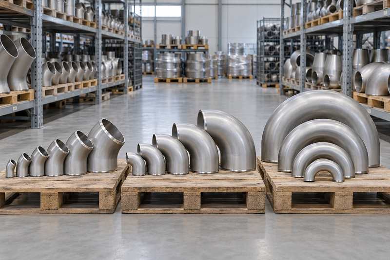 不同口径和弯曲角度的2205双相钢弯头整齐摆放